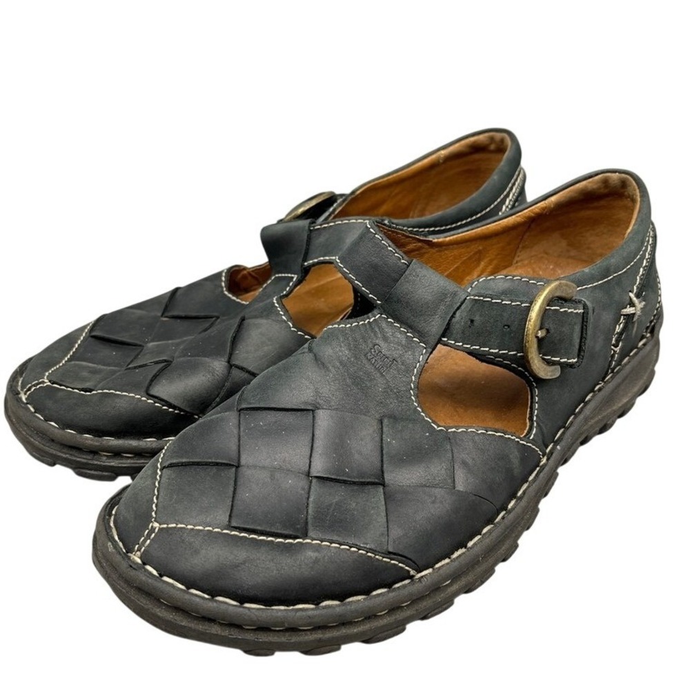 Josef Seibel Leather Mary Jane Woven Comfort‎ Shoes Black Buckle Womens 37 6.5